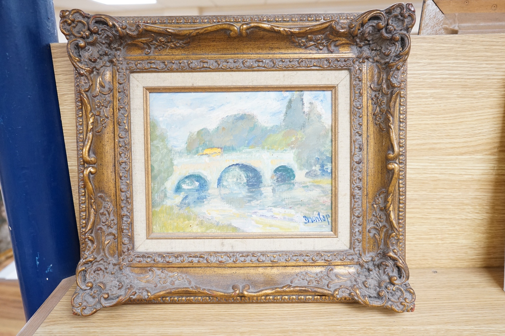Ronald Ossory Dunlop (Irish, 1894-1973), oil on board, Bridge over water, signed, 18 x 23cm, ornately framed. Condition - good